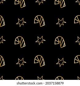 Vector Scandinavian seamless pattern with gold snowflake texture on black background.Foil Holiday,Norwegian repeating ornament hand drawn print.Designs for wrapping paper,web,textile,packaging,fabric.