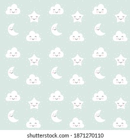 Vector scandinavian seamless pattern with moon, cloud and stars. Hand drawn children vector cartoon illustration for posters, prints, cards, fabric, children books.