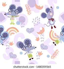 Vector scandinavian seamless pattern with mouse, letters, rainbows, glasses. Isolated on white, hand drawn. For fabric, apparel, texile, wallpaper, wrapping