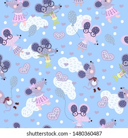 Vector scandinavian seamless pattern with mouse boy and girl, rainbows, glasses. Isolated on white, hand drawn. For fabric, apparel, texile, wallpaper, wrapping