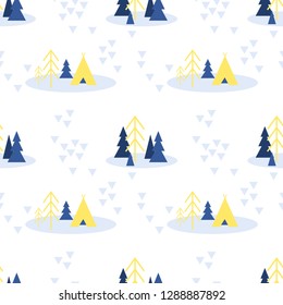 Vector scandinavian seamless pattern of of winter forest camping with fir, pine trees and tent.