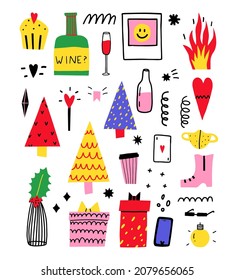 vector scandinavian set of stickers for christmas - tree, wine, holly, snow, coffee, doodles. Items to celebrate the new year. Psychedelic hand drawn  vibrant style