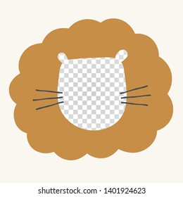 Vector scandinavian style animal banner template. Stylitized childish cute lion face with mane around transparent frame. Placeholder for your picture.