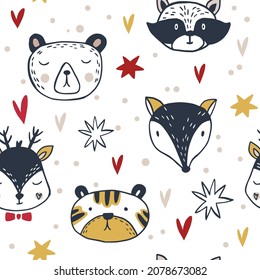 Vector scandinavian style Christmas pattern with animals and tree. Deer, tiger, beer. Textile and fabric pattern.