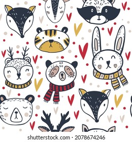 Vector scandinavian style Christmas pattern with animals. Scandi seamless pattern. Textile and fabric pattern.