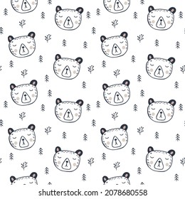 Vector scandinavian style Christmas pattern with animals beer and tree. Winter Seamless pattern on white background.