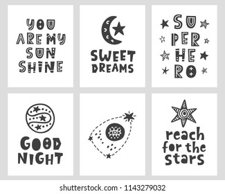 Vector Scandinavian style posters collection with hand drawn lettering phrases for nursery wall art, tee shirt print, kids apparel, postcard. Black and white. Sweet dreams, superhero, good night.