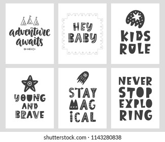 Vector Scandinavian style posters collection with hand drawn lettering phrases for nursery wall art, tee shirt print, postcard, baby shower invitation. Black and white. Adventure awaits. Kids rule.