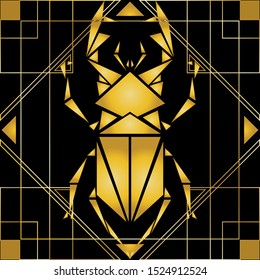 Vector scarab beetle on a retro background. Art deco insect and background mix in a modern interpretation. Gradient golden beetle on a retro background.