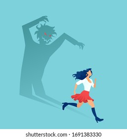 Vector Of A Scared Young Woman Running Away From A Scary Man Shadow