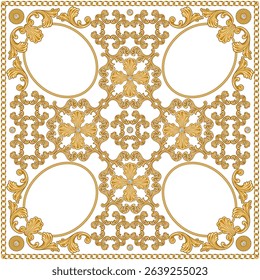Vector scarf, bandana print from gold baroque scrolls, pearls, golden frames on a white background