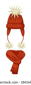Vector scarf and hat with warm ear decorated pompon on white