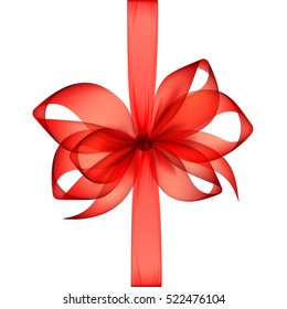 Vector Scarlet Red Transparent Bow and Ribbon Top View Close up Isolated on White Background