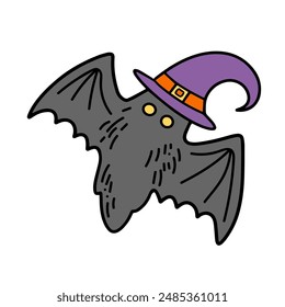 Vector of a scary black winged monster wearing a wizard's hat. Halloween illustration on white background. Design elements for logo, badges, banners, labels, posters