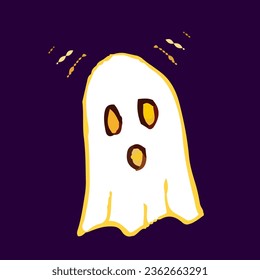 Vector scary face ghost on purple background. Halloween doodle icon. Terrible facial expressions. Happy Halloween day spooky Art Illustration. Horror person. Elements for cards, cover, sticker.