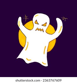 Vector scary face ghost on purple background. Halloween doodle icon. Terrible facial expressions. Happy Halloween day spooky Art Illustration. Horror person. Elements for cards, cover, sticker.