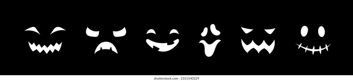 Vector scary faces icons set. Halloween decoration smiling masks. Pumpkin funny smiles. Ghost white face collection isolated on black background for web, decor, fashion print, app.