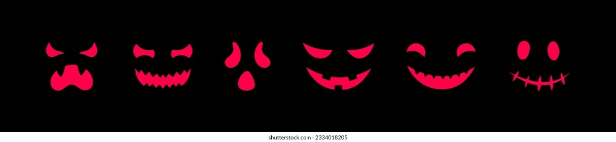 Vector scary faces icons set. Halloween decoration smiling masks. Pumpkin funny smiles. Ghost red face collection isolated on black background for web, decor, fashion print, app.