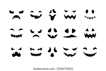 Vector scary faces icons set. Halloween decoration smiling masks. Pumpkin funny smiles. Ghost face collection isolated on white background for web, decor, fashion print, app.