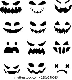Vector Scary faces, spooky Halloween emojis, Horror characters. Evil dark pumpkin monsters.
