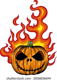 Vector of a Scary Flaming Halloween Pumpkin Jack O Lantern Head