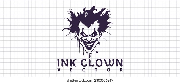 Vector scary frightening inkblot-clown on a school checkered sheet. Happy halloween. Logo, emblem or label.