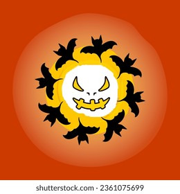 Vector scary ghost, moon, bats in circle. Halloween element doodle icon. Terrible facial expressions. Happy Halloween day spooky Art Illustration. Horror person. Elements for cards, cover, sticker.