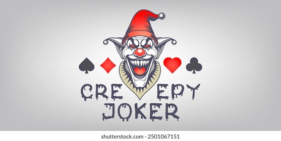 Vector scary graphic logo. Creepy portrait of clown or joker in cap with open toothy maw. Sharp toothed smiling evil. Playing card suits. Spades, diamonds, hearts and clubs.