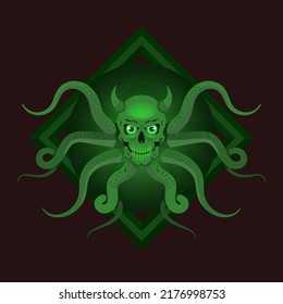 Vector scary green mutant, big-eyed skull with horns and long writhing tentacles. Evil terrible monster. Sticker or logo. Sea freak kraken