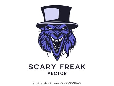 Vector scary hairy blue freak in a top hat and with an open toothy maw. Logo, sticker or emblem. White isolated background.