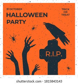 Vector scary Halloween illustration of raven on grave in cemetery with spiders around and zombie hands. Square template for social networks. Halloween party event. Invitation or poster for holiday.