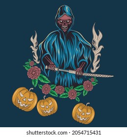 Vector scary Halloween man with samurai sword