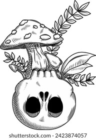 Vector of scary head skull with mushroom horror black and white style, head skull plant