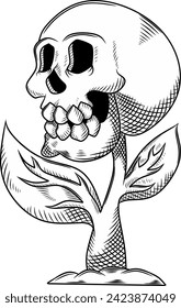 Vector of scary head skull plant black and white style, head skull plant