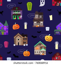 Vector scary horror house dark castle home halloween scare spooky background old creepy haunted mystery abandoned black windows and pumpkins seamless pattern background