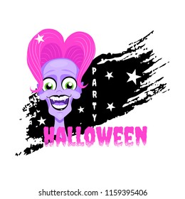 Vector scary illustration of face of a funny vampire girl with violet skin and pink hair on the blot of ink. Text halloween party. Isolated on the white background.