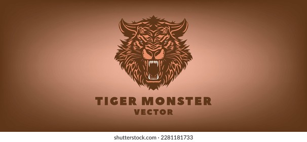 Vector scary menacing muzzle of a monster tiger with an open toothy maw. Logo, sticker or badge.