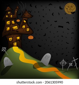 vector scary night halloween background with haunted house on the hill, cementary, bats and fool moon