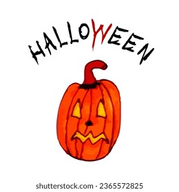 Vector scary pumpkin. Halloween doodle icon. Terrible facial expressions. Decorative inscription. Happy Halloween day spooky Art Illustration. Horror person. Elements for cards, cover, sticker.