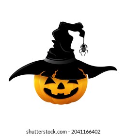 Vector scary pumpkin in a hat. Halloween illustration of a pumpkin with a face.