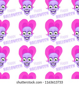 Vector scary seamless pattern with face of a funny vampire girl with violet skin and pink hair. Text happy halloween. Isolated on the white background.