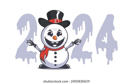Caricatura de snowman con una sonrisa temible vectorial en un sombrero. Fecha estilizada 2024. Invierno. Feliz Año Nuevo.