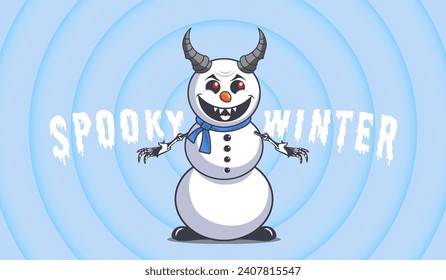 Vector scary smiling cartoon snowman with horns and wearing a blue scarf. Inscription, spooky winter.