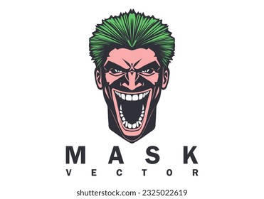 Máscara sonriente de miedo vectorial. La cabeza de un hombre con una boca abierta, dientes grandes y cabello verde. Logo, pegatina o icono. Fondo blanco aislado.