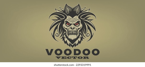 Vektorgrafik furchteinflößend scheußlichen Voodoo Zauberkopf mit roten Augen. Logo, Aufkleber oder Emblem.