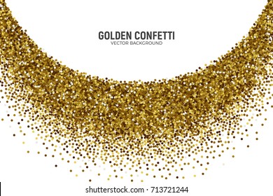 Vector Scattered Golden Confetti in Abstract Bend Shape Isolated on White Background 3D Illustration. Slapstick Paper Round Gold Bright Particles. Graphic Design Template