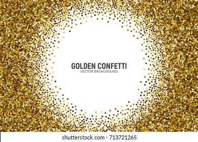 Vector Scattered Golden Confetti in Abstract Circle Frame Shape Isolated on White Background 3D Illustration. Slapstick Paper Round Gold Bright Particles. Graphic Design Template
