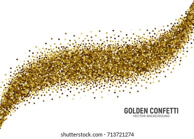 Vector Scattered Golden Confetti in Abstract Trail Shape Isolated on White Background 3D Illustration. Slapstick Paper Round Gold Bright Particles. Graphic Design Template