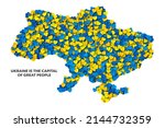Vector Scattered Paper Yellow Blue Hearts In The Shape Of Ukraine Map Isolated On White Background. Ukrainian Border Contour In National Colours Banner. Ukraine Is The Capital Of Great People Poster