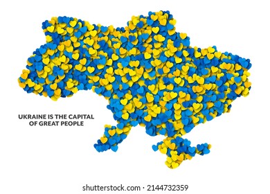 Vector Scattered Paper Yellow Blue Hearts In The Shape Of Ukraine Map Isolated On White Background. Ukrainian Border Contour In National Colours Banner. Ukraine Is The Capital Of Great People Poster